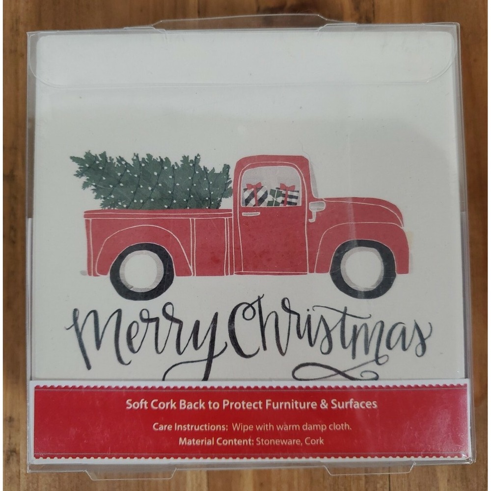 Holiday Time Coasters Christmas Red Pickup Truck & Plaid Cocoa Square Set of 4